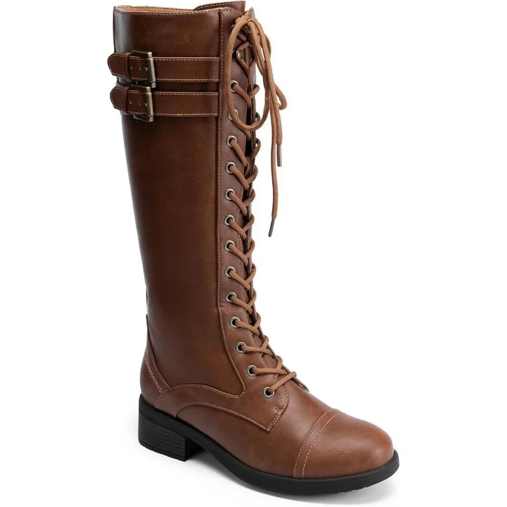 Women's Polyurethane Pu Light Brown Double buckle Knee High Riding Combat Boot